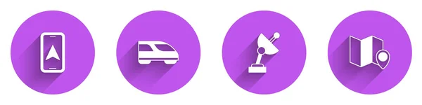 Set City map navigatie, High-speed trein, Radar en gevouwen met locatiemarkering pictogram met lange schaduw. Vector — Stockvector