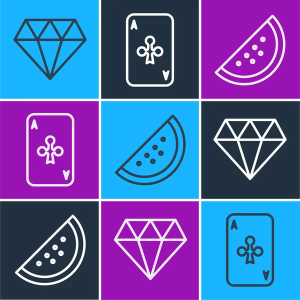 Diamond, karpuzlu kumarhane kumar makinesi ve kulüp simgesiyle kağıt oynamak. Vektör