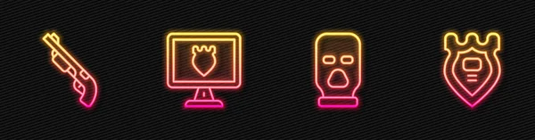 Balaclava, politiepistool, database en badge. Een gloeiend neon icoon. Vector — Stockvector