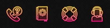 Hat Lifebuoy, telefon 24 saat destek, kullanıcı kılavuzu ve kulaklıklı adam. Parlayan neon ikonu. Vektör