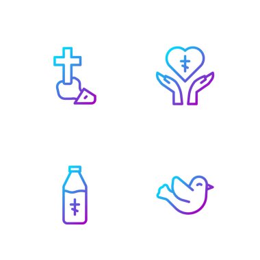 Sabit hat güvercin, kutsal su şişesi, Hıristiyan haçı ve dindar bir kalbi var. Renk simgeleri. Vektör