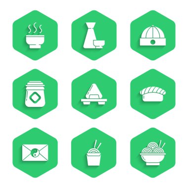 Suşi tahtası, Asya erişte karton kutusu, yemek çubuğu, kase, Yin Yang zarfı, bal kavanozu, Çin şapkası ve çay töreni ikonu. Vektör