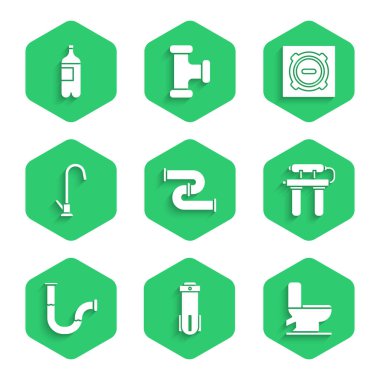 Endüstriyel metalik boru, su filtresi, klozet, musluk, kanalizasyon kapağı ve bir şişe su ikonu. Vektör