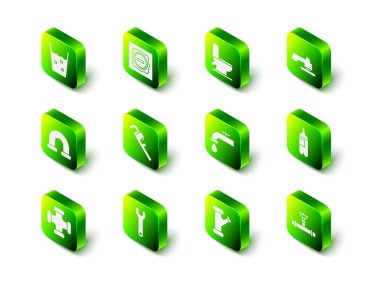 Kanalizasyon kapağı, klozet kapağı, su musluğu, bir şişe su, endüstriyel boru ve valf, metalik ve İngiliz anahtarı ikonu. Vektör