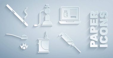 Elektronik sigara, internetten uyuşturucu almak eroin kaşığı, şırınga, nargile ve sigara ikonu. Vektör