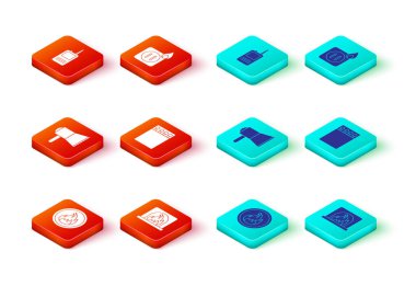 Ateş yak, şömine, megafon, kibrit kutusu ve kibrit, prizlerin elektrik kabloları ve telsiz ikonu. Vektör