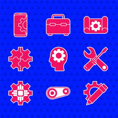 İçinde ekipman bulunan insan kafasını ayarlayın, zamanlayıcı kemer kiti, tükenmez kalem anahtarı anahtarı anahtarı, işlemci, dişli, grafik kağıdı ve akıllı telefon simgesine ayarlayın. Vektör