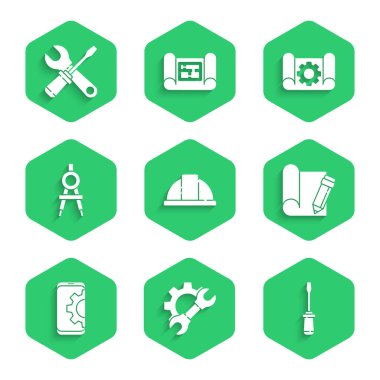 İşçi kaskı, İngiliz anahtarı ve teçhizatı, tornavida, çizim kâğıdı kalem, akıllı telefona ayarlama, pusula çizme ve anahtar simgesi. Vektör