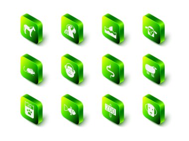 Papağan, köpekbalığı yüzgeci okyanus dalgası, koyun kafası, köpek, yılan, hayvanat bahçesi ve balık ikonu. Vektör