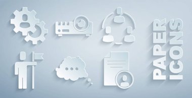 Konuşma baloncuğu sohbetini ayarla, Proje ekibi üssü, Takım lideri, Özgeçmiş, Medya Projektörü ve kafa avlama ikonu. Vektör