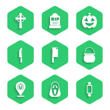 Meat Chopper, komik ve korkutucu hayalet maskesi Candy, Cadılar Bayramı cadı kazanı, Balkabağı, Bıçak ve haç ikonlu Tombstone. Vektör