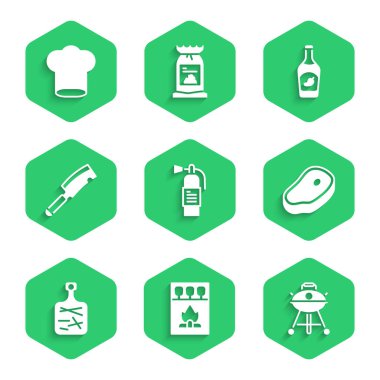 Yangın söndürücü, kibrit kutusu ve kibrit, ızgara ızgara, biftek eti, kesme tahtası, et bıçağı, ketçap şişesi ve aşçı şapkası ikonu. Vektör