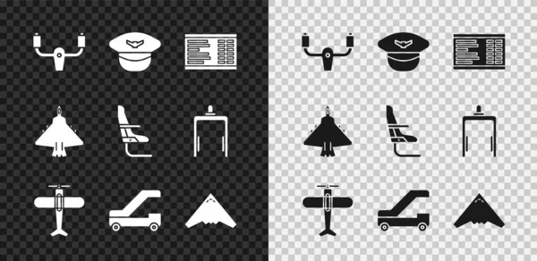 Conjunto de timón de dirección de aviones, sombrero de piloto, bordo del aeropuerto, avión, escalera de pasajeros para el embarque en avión, caza a reacción, y el icono del asiento del avión. Vector — Archivo Imágenes Vectoriales