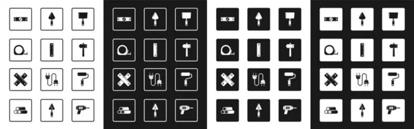 Putty knife, Ruler, Roulette building, Construction bubble level, Hammer, Trowel, Paint rollbrush, Croped ruler icon. Vector — 스톡 벡터