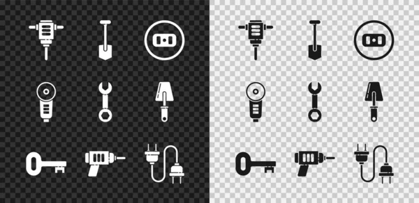 Set Elektrické rotační kladivo vrtačka, lopatka, Elektrická zásuvka, Starý klíč, stroj, zástrčka, úhlová bruska a klíč ikona. Vektor — Stockový vektor