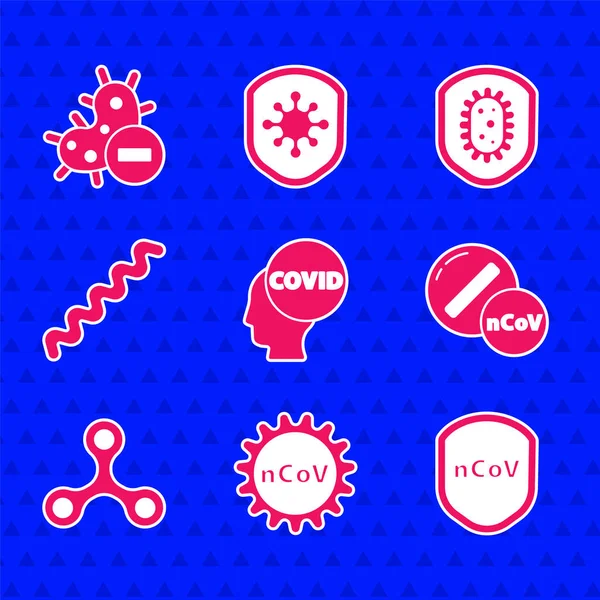 Set Corona virus covid-19, 2019-nCoV, Protezione scudo da, Medicina pillola tablet, Virus, e icona negativa. Vettore — Vettoriale Stock