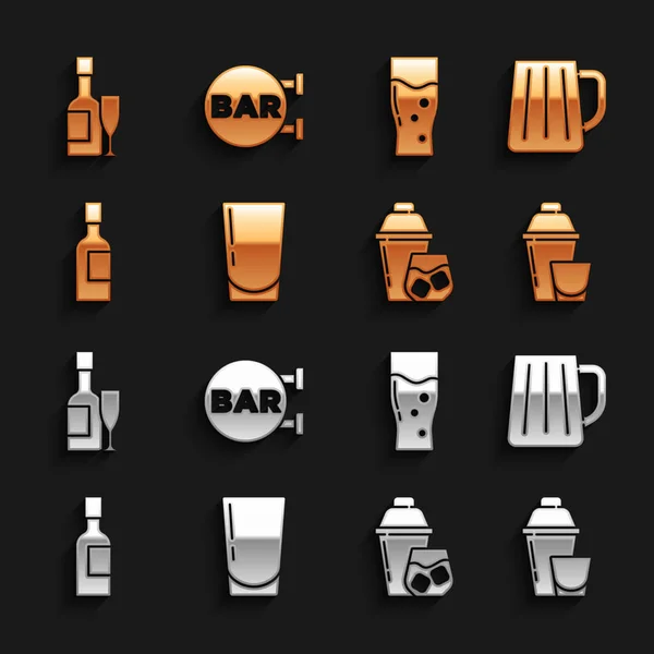 Set Glas mit Wasser, Holzbierkrug, Cocktailshaker, Champagnerflasche, Glas und Straßenschild Bar-Symbol. Vektor — Stockvektor