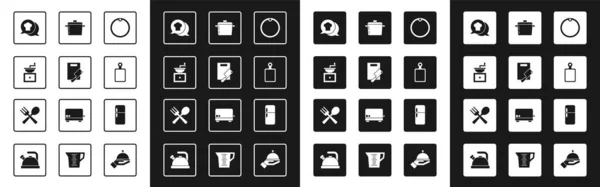 集切菜板、肉片、手工咖啡机、厨师帽、烹饪锅、冰箱和叉叉勺图标为一体。B.病媒 — 图库矢量图片