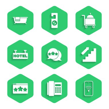 Beş yıldızlı değerlendirme, telefon ahizesi kablosuz cep telefonu, merdivenler yukarı, metin oteli, örtülü tepsi ve küvet ikonu. Vektör