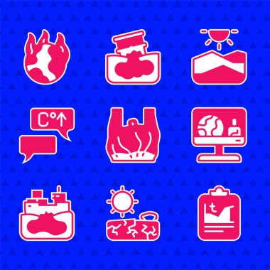 Plastik torba posterine, kuraklığa, küresel ısınmaya, hava tahminine, enkaz petrol tankeri gemisine ve yangın ikonuna hayır deyin. Vektör