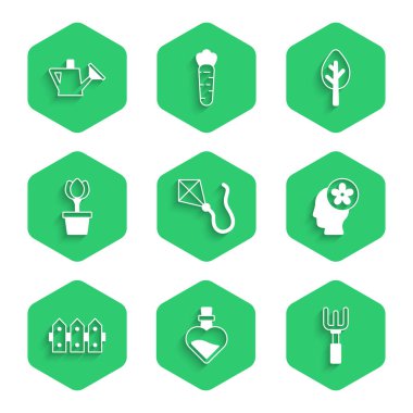 Kite, şişe aşk iksiri, bahçe tırmığı, içinde insan kafası çiçeği, çit ahşabı, çiçek lalesi, orman ve su kutusu ikonu. Vektör