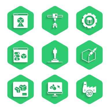 3D yazıcı modeli, yazılım, baskı evi endüstrisi, 3D kalem aracı, ayar ve simge ayarla. Vektör