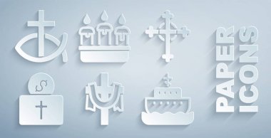 Hristiyan haçı, kilise için bağış Nuh 'un Sandığı, şamdanda yanan mum ve balık ikonu. Vektör