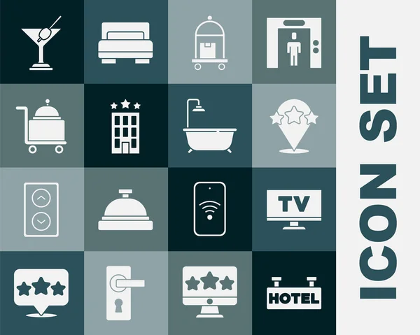 Set Letrero con texto Hotel, Smart Tv, revisión de calificación de cinco estrellas, maleta, edificio, bandeja cubierta, vidrio Martini y el icono de la ducha de bañera. Vector — Vector de stock