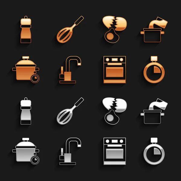 Definir torneira de água, panela de cozinha, cronômetro, forno, ovo quebrado, pimenta e ícone de batedor de cozinha. Vetor —  Vetores de Stock