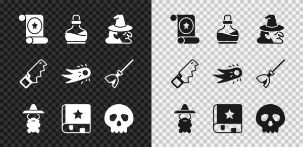 Set Magic scroll, Bottle with potion, Witch, Wizard warlock, Ancient magic book, Skull, Hand saw and Fireball icon. Vector — Stock Vector