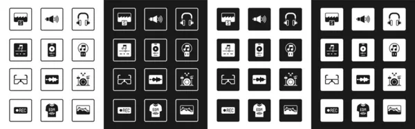 Set Headphones, Music player, wave equalizer, Pause button, Speaker volume, Drums and Glasses icon. Vector — Stock Vector