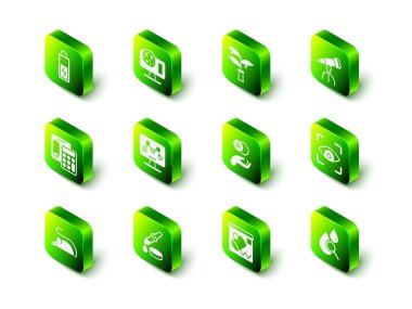 Genetik mühendisliği, bitki yetiştirme, Teleskop, Göz Taraması, Düşür ve Büyüteç, Atom, Veri Görselleştirme ve Pipette simgesini ayarla. Vektör