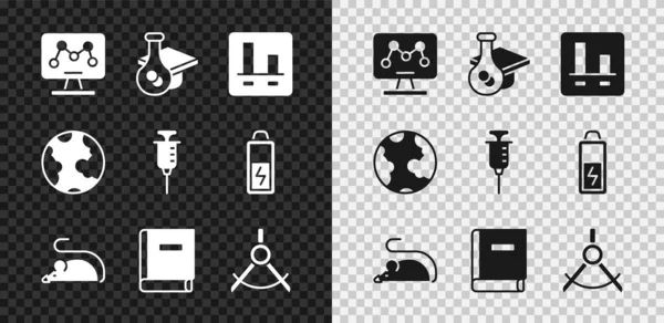 Set Ingegneria genetica, Tappo di laurea, Grafico grafico infografico, Topo sperimentale, Libro delle scienze, Bussola di disegno, globo terrestre e l'icona Siringa. Vettore — Vettoriale Stock