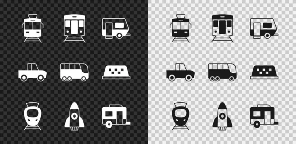 Set Tram and railway, Train, Rv Camping trailer, Rocket ship, Pickup truck and Bus icon. Vektor — Stockový vektor