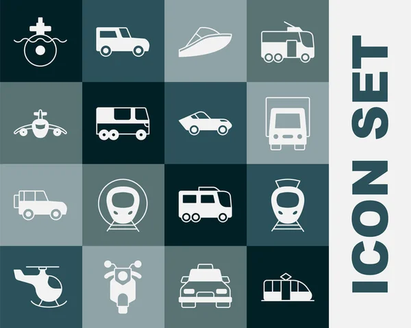 Set Tram en spoorweg, Levering vrachtwagen, Speedboot, Bus, Vliegtuig, Onderzeeër en Auto pictogram. Vector — Stockvector