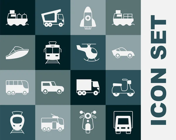 Set Levering vrachtwagen, Scooter, Auto, Raketschip, Tram en spoorweg, Speedboot, Olietanker en Helikopter icoon. Vector — Stockvector