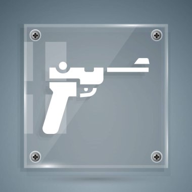 Beyaz Mavzer tabancası simgesi gri arkaplanda izole edildi. Mauser C96 yarı otomatik bir tabanca. Kare cam paneller. Vektör