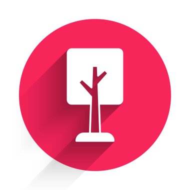 Beyaz Ağaç simgesi uzun gölgelerle izole edilmiş. Orman sembolü. Kırmızı daire düğmesi. Vektör