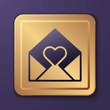 Mor arka planda Sevgililer Günü kalp ikonu olan mor zarf. Mesaj aşkım. Aşk ve romantizm mektubu. Altın kare düğme. Vektör