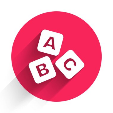 Beyaz ABC blok simgesi uzun gölge arkaplan izole. A, B, C harfli alfabe küpleri. Kırmızı daire düğmesi. Vektör