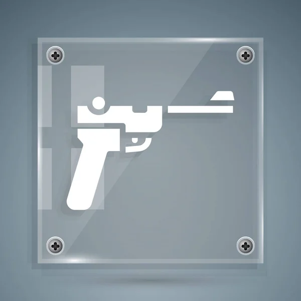Weiße Mauser Pistole Symbol isoliert auf grauem Hintergrund. Mauser C96 ist eine halbautomatische Pistole. Quadratische Glasscheiben. Vektor — Stockvektor