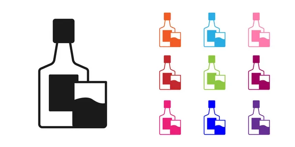 Bouteille de whisky noir et icône en verre isolé sur fond blanc. Définir des icônes colorées. Vecteur — Image vectorielle