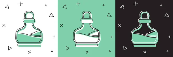 Set Bottle with potion icon isolated on white and green, black background. Flask with magic potion. Happy Halloween party. Vector — Stock Vector