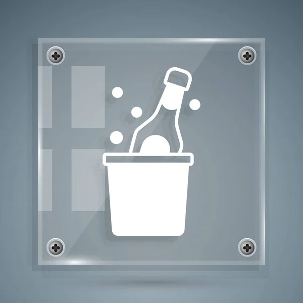 White Bottle of champagne in an ice bucket icon isolated on grey background. Square glass panels. Vector — Stock Vector