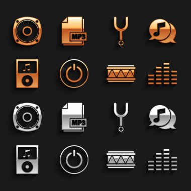 Güç düğmesini ayarla, konuşma balonunda müzik notası, eşitleyici, bateri, ayar çatalı, ses sistemi hoparlörü ve MP3 dosya simgesi. Vektör