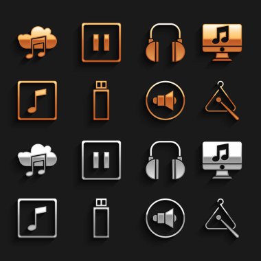 USB flash diski, notalı bilgisayar, üçgen müzik enstrümanı, hoparlör sesi, müzik tonu, kulaklık, yayın servisi ve durdurma düğmesi simgesini ayarlayın. Vektör