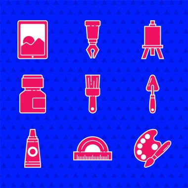 Palet, palet, palet bıçağı, metro boyası, boya, gouache, kavanoz, boya, Easel resim tahtaları ve grafik tablet ikonu ile boya. Vektör