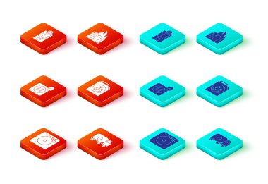 Alarm zilini, su kamyonunu, soket ateşinin elektrik tesisatını, yanıcı sıvılar için teneke kutuyu, yanan binaları ve tıbbi hastane ikonunu kurun. Vektör