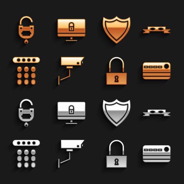 Güvenlik kamerası, Hırsız göz maskesi, kredi kartı, kilit, şifre koruması, kalkan, anahtar ve bilgisayar monitörü ikonu. Vektör