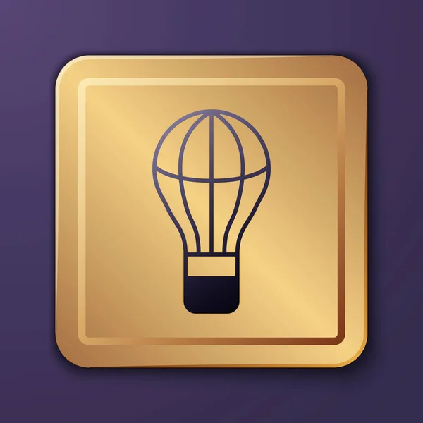 Fioletowa ikona balonu na gorące powietrze na fioletowym tle. Transport lotniczy na podróż. Złoty kwadrat. Wektor — Wektor stockowy